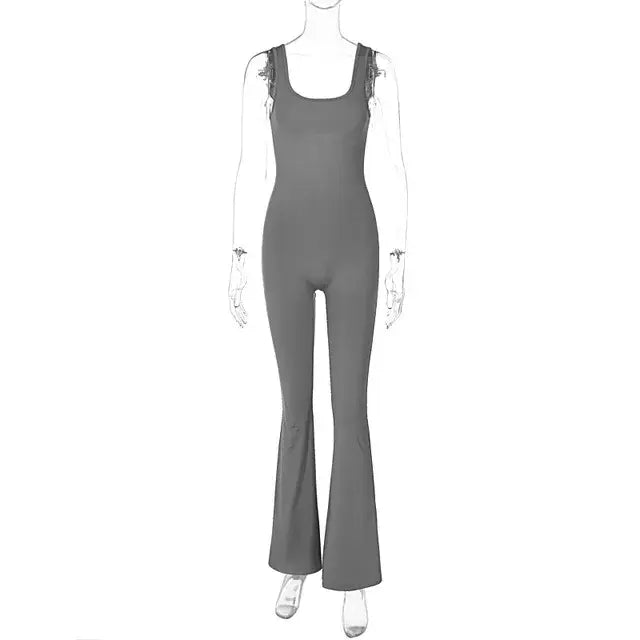 2024 Summer Women Solid Jumpsuit Backless Hollow Out Flared Pants Sexy Y2K Sleeveless Party Clubwear Body-Shaping