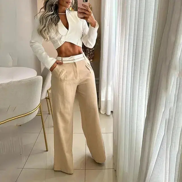 Autumn Women Two Piece Set Office Fashion Solid Long Sleeve Lapel High Waist Short Top Loose With Pockets Pants Sets Streetwear