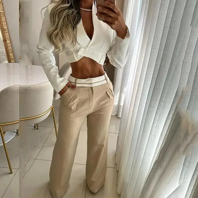 Autumn Women Two Piece Set Office Fashion Solid Long Sleeve Lapel High Waist Short Top Loose With Pockets Pants Sets Streetwear